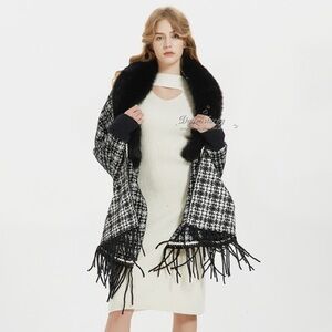 Black and White Houndstooth Shawl with Fringe